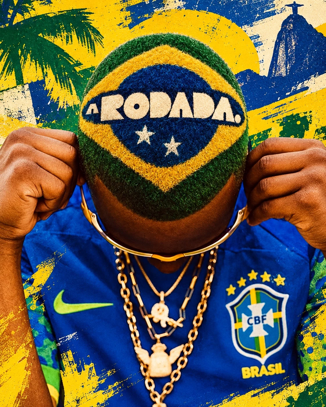 Cultura A Rodada: cabelo com as cores do Brasil e o nome A Rodada, camisa azul e óculos dourados